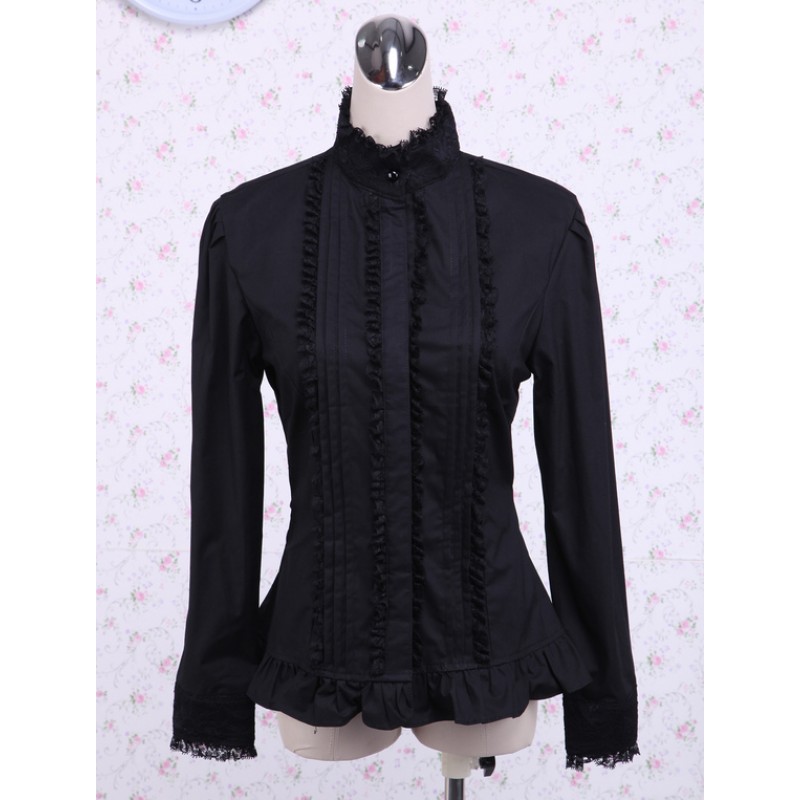 Black Cotton Lolita Blouse Stand Collar Layered Lace Trim Ruffles