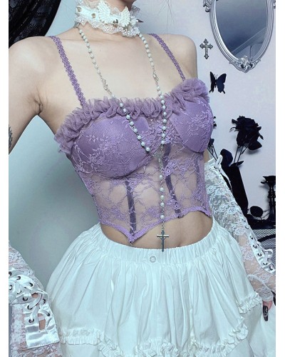 Purple Punk Camisole Top Spghetti Lace Sheer Lolita Top Tops Steampunk Gothic Daily Casual