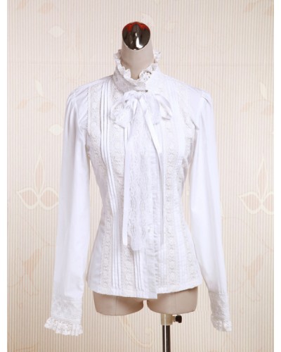 White Cotton Lolita Blouse Long Sleeves Stand Collar Lace Trim Lace Up