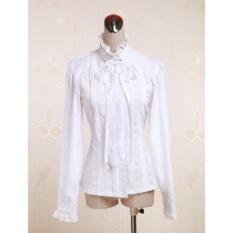 White Cotton Lolita Blouse Long Sleeves Stand Collar Lace Trim Lace Up