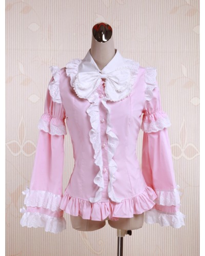 Pink Cotton Lolita Blouse Long Sleeves White Ruffles Trim Bow