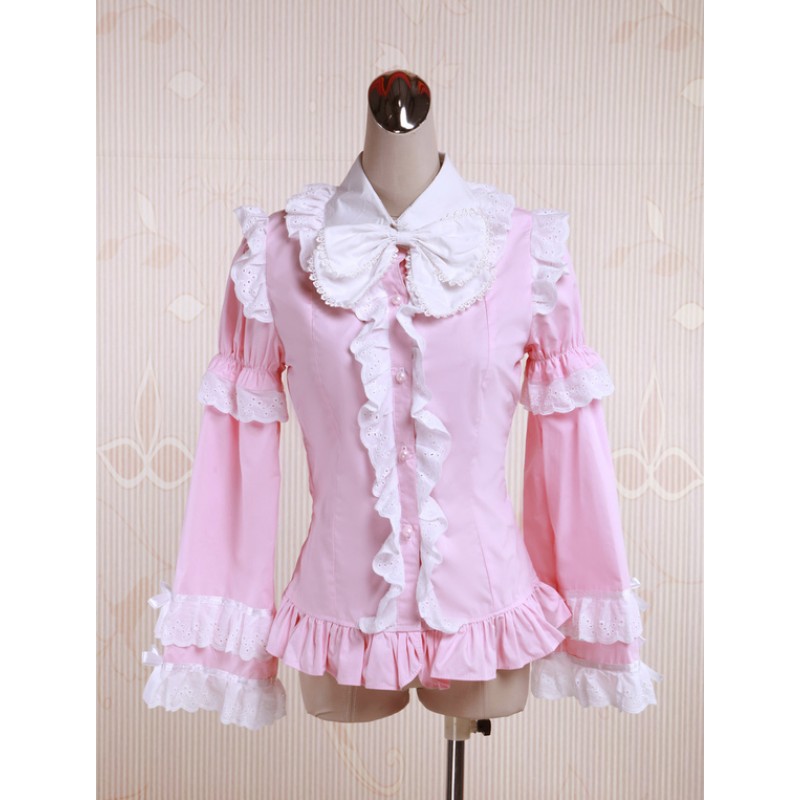 Pink Cotton Lolita Blouse Long Sleeves White Ruffles Trim Bow