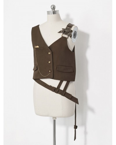 【Pre-sell】 Lolita Ouji Fashion Brown Asymmetrical Shoulder Strap Waistcoat Gothic