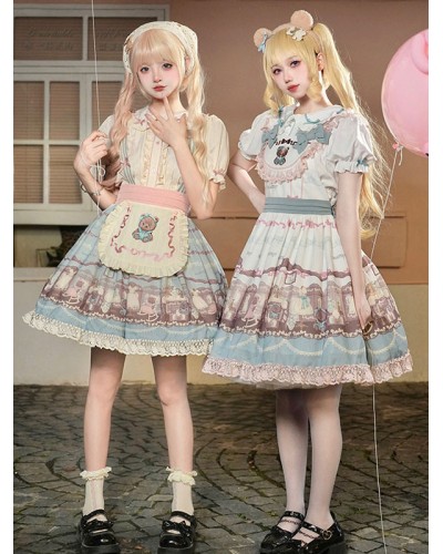 Lolita SK Floral Print Light Sky Blue Lace Ruffles Lolita Skirts Sweet ROCOCO Spring Summer Fall Winter