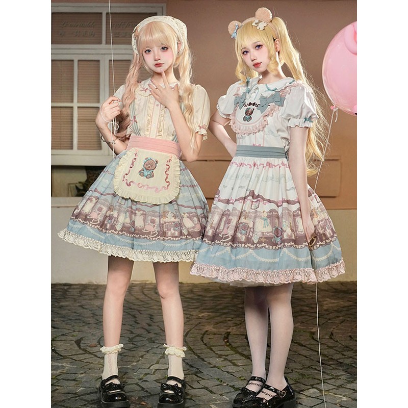 Lolita SK Floral Print Light Sky Blue Lace Ruffles Lolita Skirts Sweet ROCOCO Spring Summer Fall Winter