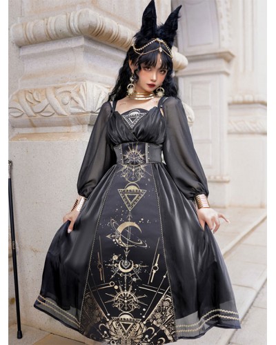 Classical Lolita Dress Polyester Long Sleeves Lolita Dresses Black Gold Daily Casual