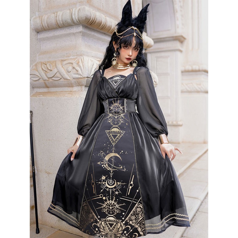 Classical Lolita Dress Polyester Long Sleeves Lolita Dresses Black Gold Daily Casual