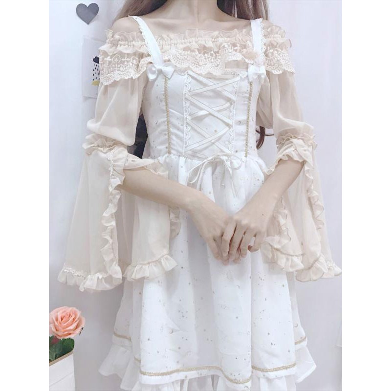 Lolita Lace Ruffles Long Sleeves Blouse Polyester Apricot Lolita Shirt Blouses Sweet Daily Casual