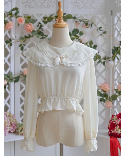 White Lolita Long Sleeves Ruffles Floral Print Lolita Shirt Blouses Sweet Daily Casual Tea Party