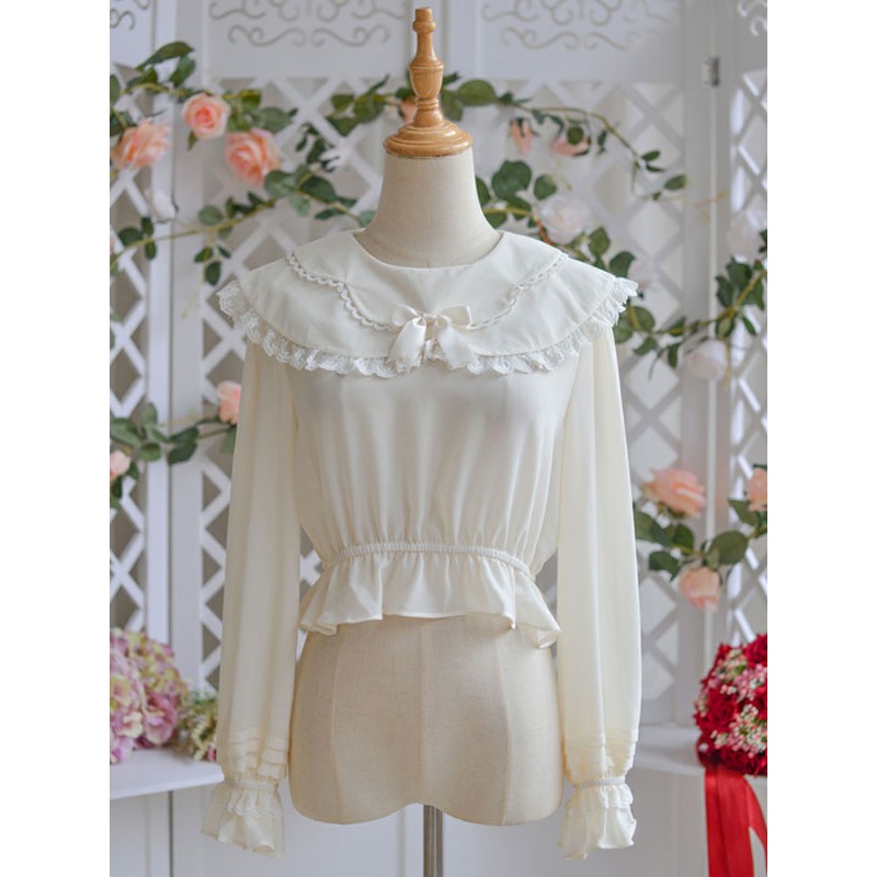 White Lolita Long Sleeves Ruffles Floral Print Lolita Shirt Blouses Sweet Daily Casual Tea Party