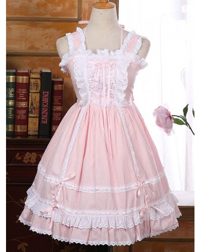 Sweet Lolita JSK Jumper Skirt Lace Trim Ruffles Frills Two Tone Pleated Pink Lolita Dresses