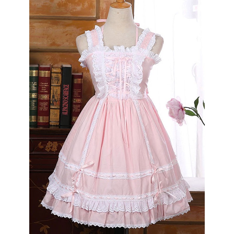 Sweet Lolita JSK Jumper Skirt Lace Trim Ruffles Frills Two Tone Pleated Pink Lolita Dresses