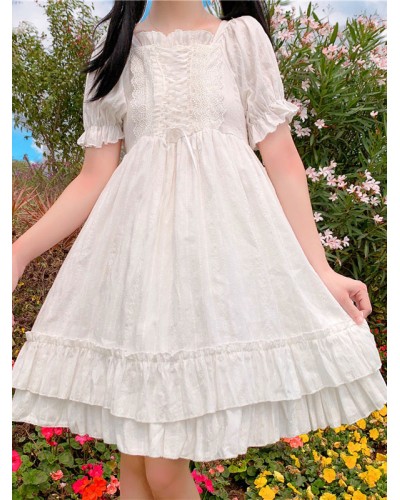 Sweet Lolita OP Dress Short Sleeves Lace Up Academic Fairytale White Lolita One Piece Dress