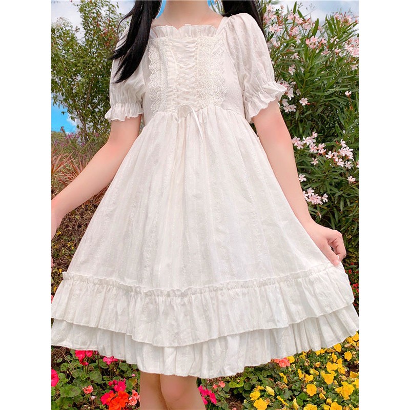 Sweet Lolita OP Dress Short Sleeves Lace Up Academic Fairytale White Lolita One Piece Dress