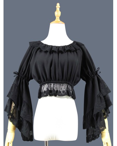 Sweet Lolita Blouse Lace Ruffle Bow Hime Sleeve Chiffon Black Lolita Crop Top Spring Summer