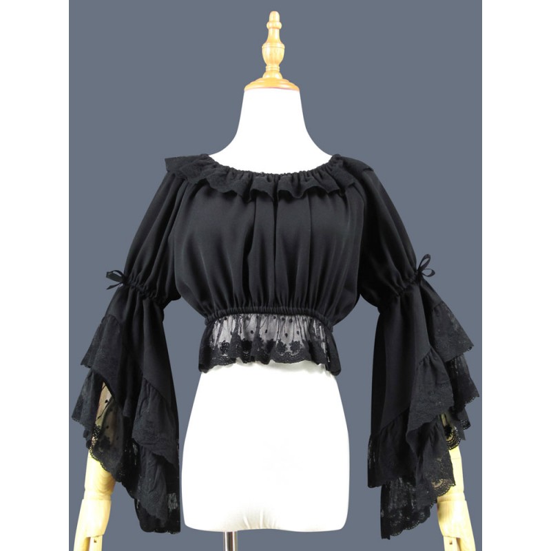 Sweet Lolita Blouse Lace Ruffle Bow Hime Sleeve Chiffon Black Lolita Crop Top Spring Summer