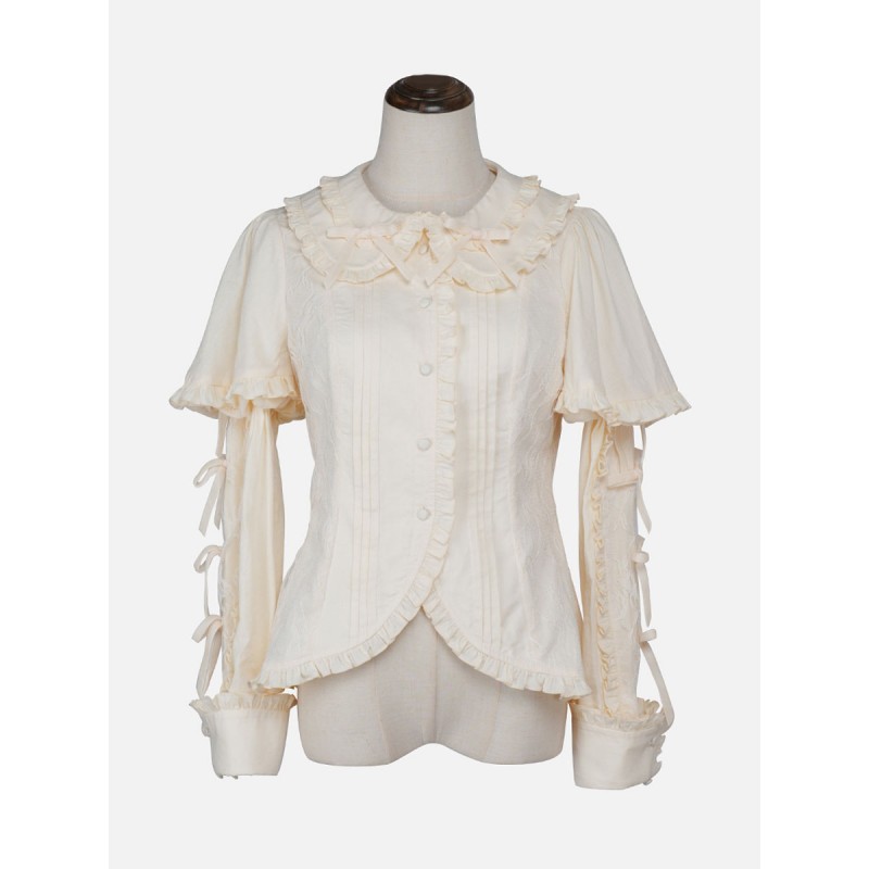 Lolita Ecru White Long Sleeves Lolita Top Bows Ruffles Lolita Shirt Blouses Sweet ROCOCO Daily Casual Tea Party