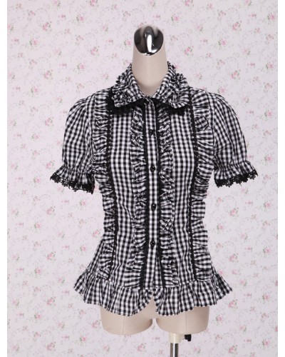 Black White Gingham Lolita Blouse Short Sleeves Ruffles Lace Trim