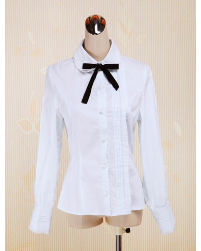 White Cotton Lolita Blouse Long Sleeves Turn-down Collar Bow