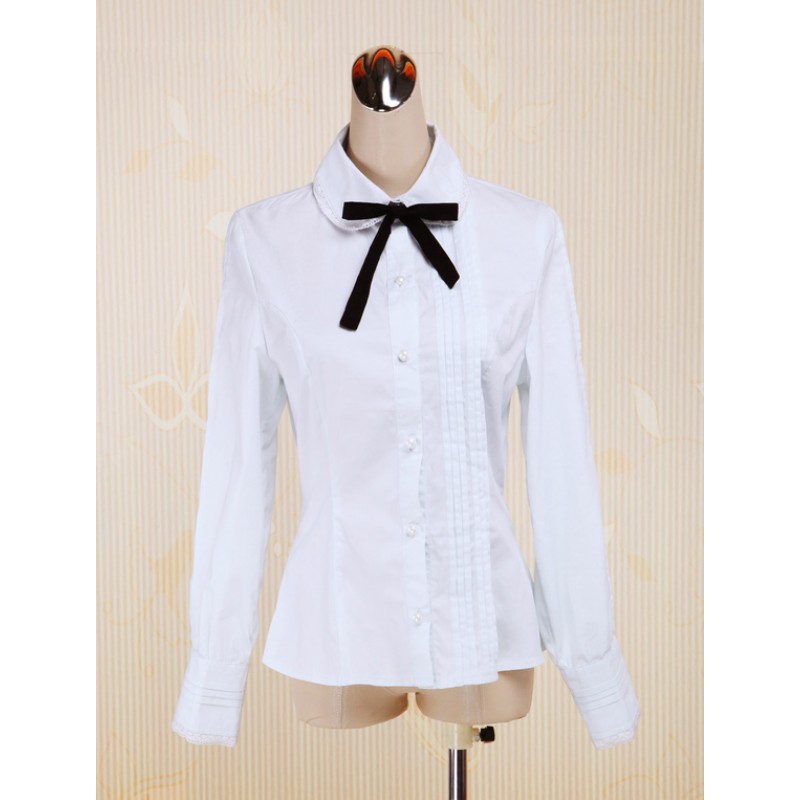 White Cotton Lolita Blouse Long Sleeves Turn-down Collar Bow