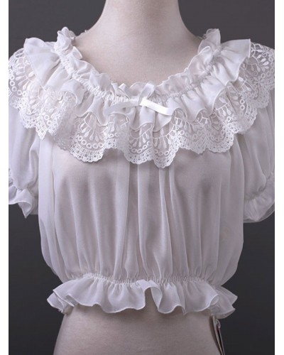 Lolita Tops White Chiffon Bateau Short Sleeve Lace Ruffles Lolita Crop Tops Sweet Spring Summer Fall