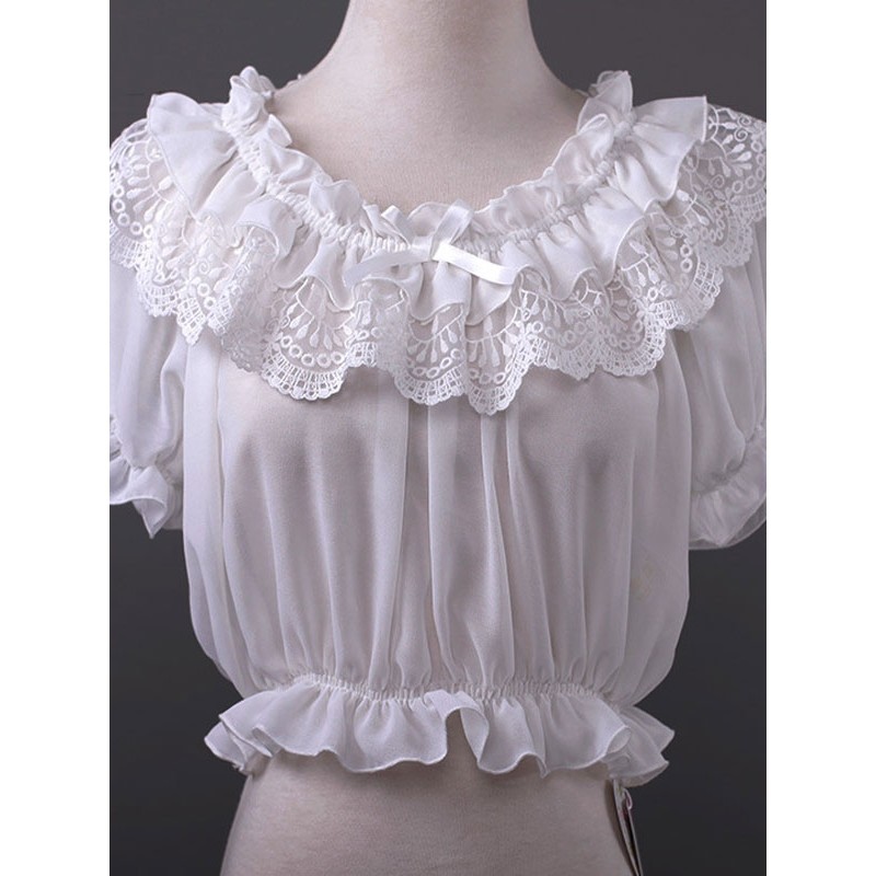 Lolita Tops White Chiffon Bateau Short Sleeve Lace Ruffles Lolita Crop Tops Sweet Spring Summer Fall