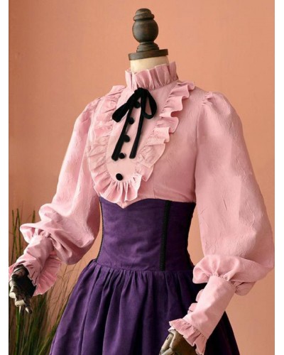 Rococo Lolita Blouse Puff Sleeve Stand Collar Ruffles Pink Lolita Top Spring Fall