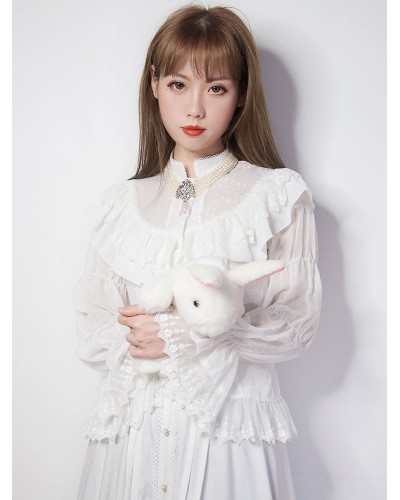 Classic Lolita Shirt Lace Ruffle Jacquard White Lolita Blouse Tops Classic  Traditional Daily Casual Tea Party