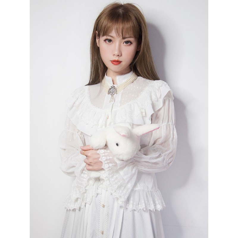 Classic Lolita Shirt Lace Ruffle Jacquard White Lolita Blouse Tops Classic  Traditional Daily Casual Tea Party