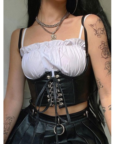 Black Corset Straps Neck Lace Up Pu Leather Lace-Up Sexy Bustier For Women