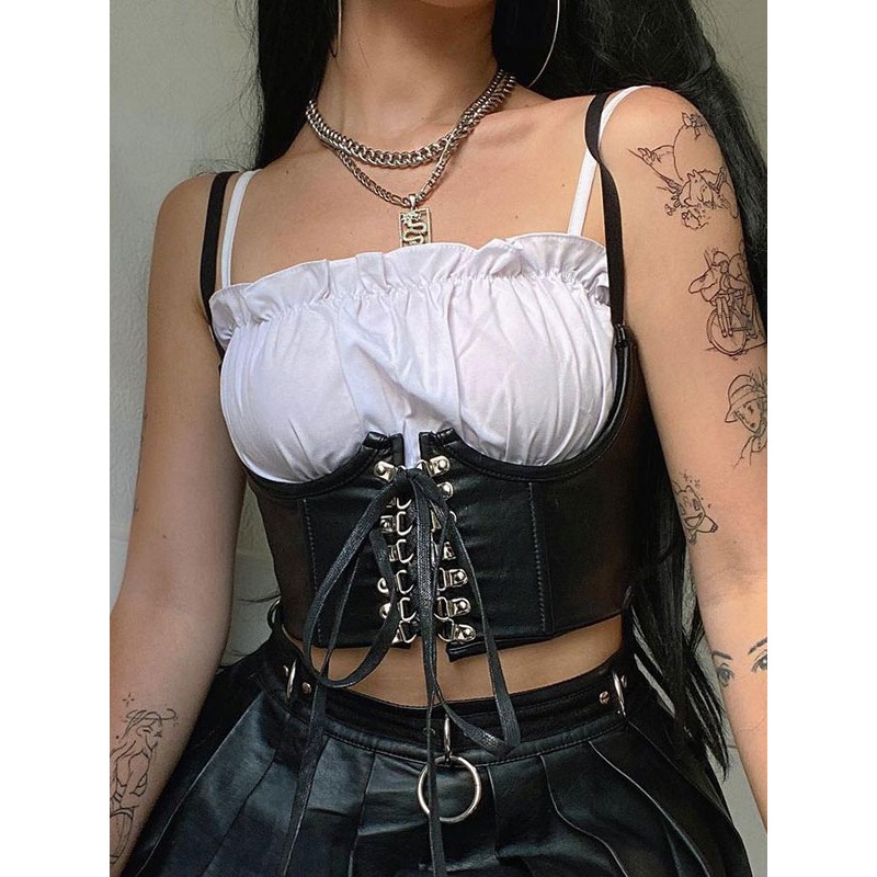 Black Corset Straps Neck Lace Up Pu Leather Lace-Up Sexy Bustier For Women