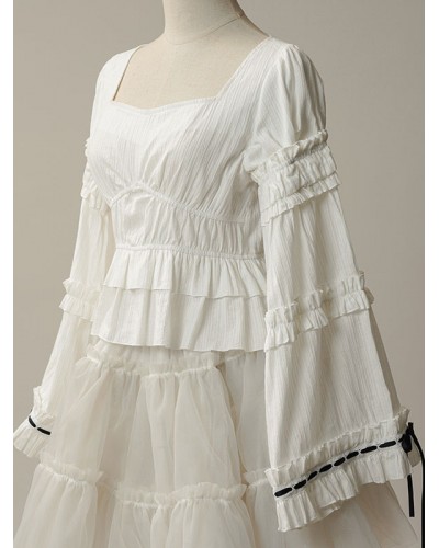 Chinese Style Lolita Lolita Top Ecru White Long Sleeves Ruffles Lolita Shirt Blouses Chinese Style Daily Casual Tea Party