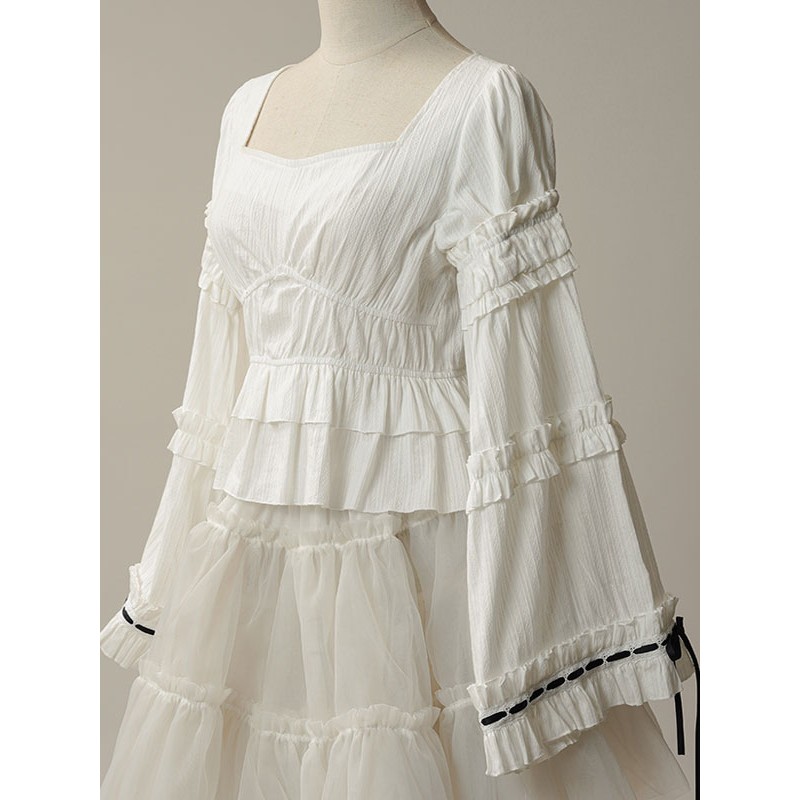 Chinese Style Lolita Lolita Top Ecru White Long Sleeves Ruffles Lolita Shirt Blouses Chinese Style Daily Casual Tea Party