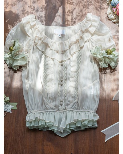 Lolita Blouses Lolita Top Light Green Short Sleeves Ruffles Lolita Shirt Pastoral Style Spring Summer Fall Winter