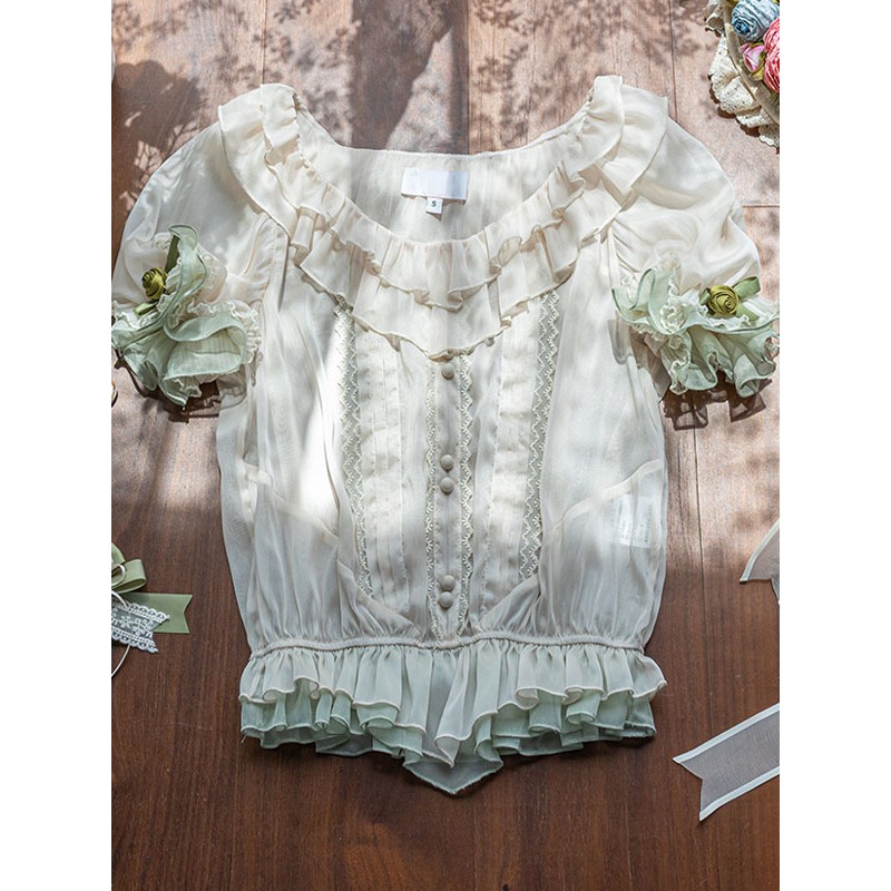 Lolita Blouses Lolita Top Light Green Short Sleeves Ruffles Lolita Shirt Pastoral Style Spring Summer Fall Winter