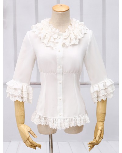 White Chiffon Lolita Blouse Middle Sleeves Ruffles Lace Trim Sweet Daily Casual