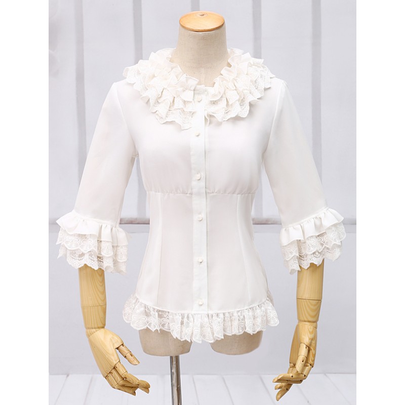 White Chiffon Lolita Blouse Middle Sleeves Ruffles Lace Trim Sweet Daily Casual