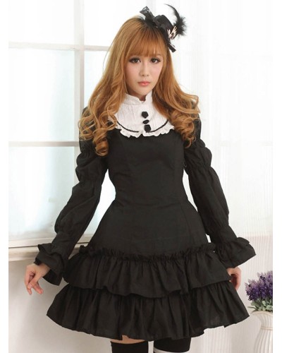 Black Lace Portrait Neck Long Sleeves Lolita One-Piece Sweet Fall Daily Casual