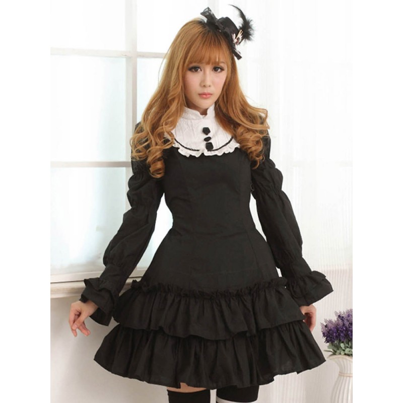 Black Lace Portrait Neck Long Sleeves Lolita One-Piece Sweet Fall Daily Casual