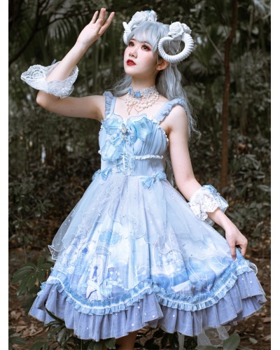 Sweet Lolita JSK Dress Baby Blue Sleeveless Tiered Bows Lace Lolita Jumper Skirts