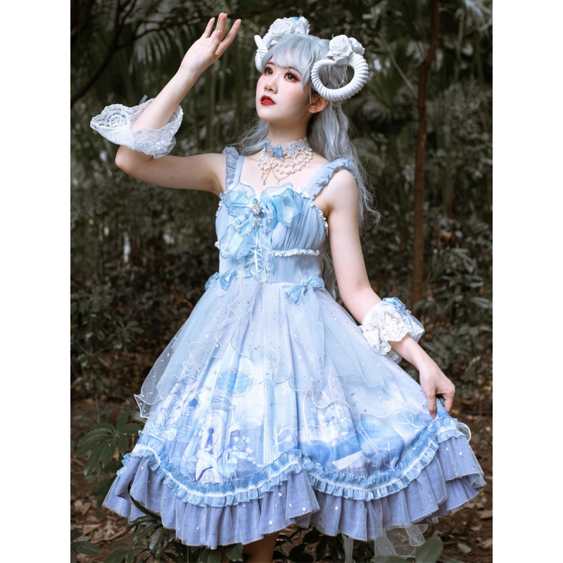 Sweet Lolita JSK Dress Baby Blue Sleeveless Tiered Bows Lace Lolita Jumper Skirts