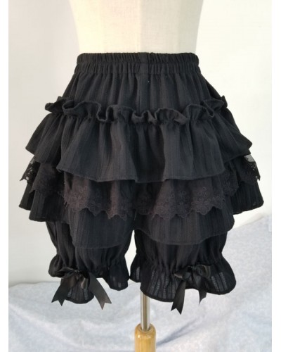 Classic Lolita Shorts Ruffle Lace Bow Black Cotton Lolita Bottom