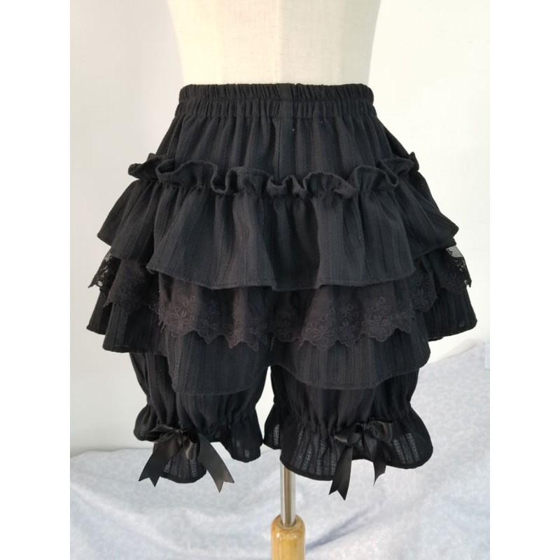 Classic Lolita Shorts Ruffle Lace Bow Black Cotton Lolita Bottom