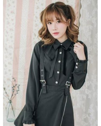 Classic Lolita Shirt Ruffle Bow Irregular Design Black Cotton Lolita Blouse Spring Fall