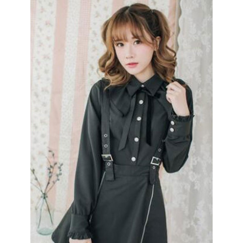 Classic Lolita Shirt Ruffle Bow Irregular Design Black Cotton Lolita Blouse Spring Fall