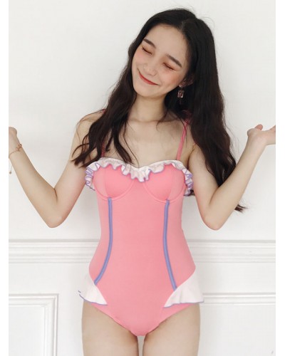 Sweet Lolita Outfits Pink Ruffles Sleeveless Polyester Lolita Swimming Suit Sets