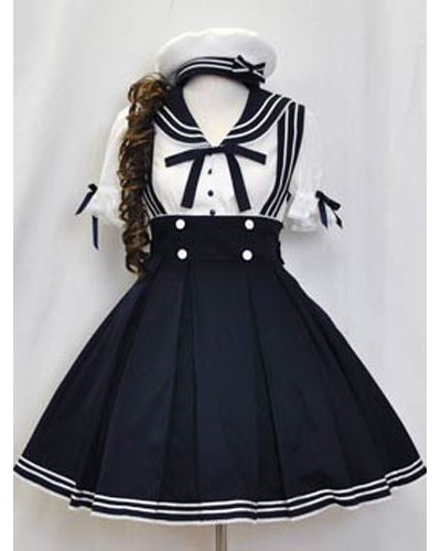 Sailor Lolita Outfits Deep Blue Short Sleeve Shirt With Pleated Jumper Skirt Sets Night Out