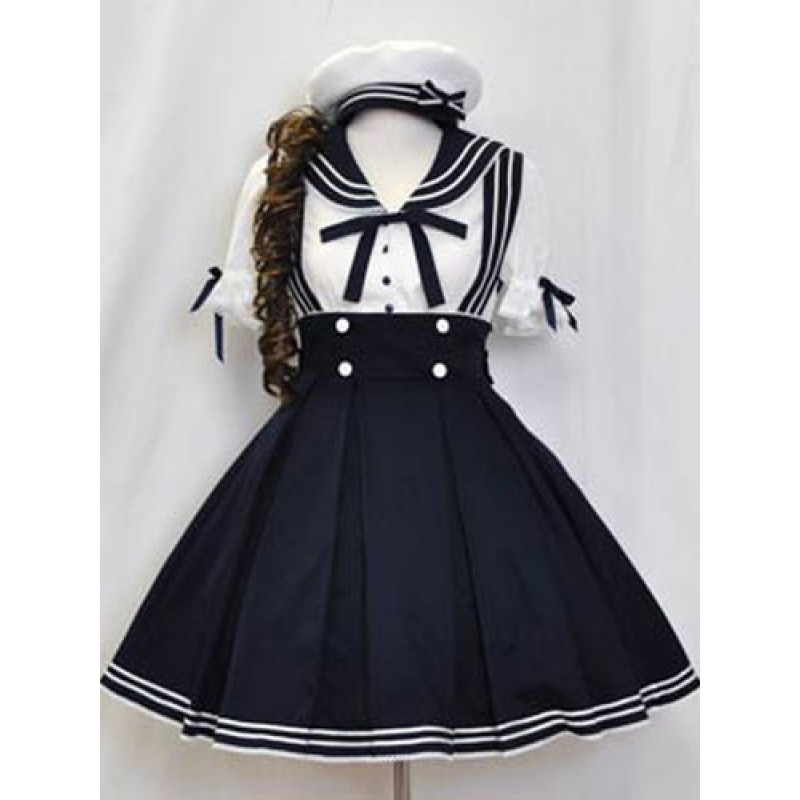 Sailor Lolita Outfits Deep Blue Short Sleeve Shirt With Pleated Jumper Skirt Sets Night Out