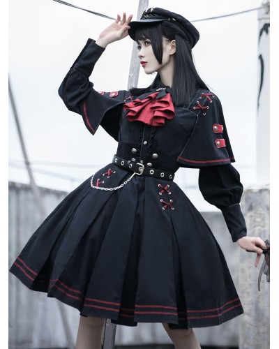 Lolita OP Dress Military Style 4 Pieces Set Academic Lolita Outfits Black Long Sleeves Military Lolita Sets Gothic Tea Party