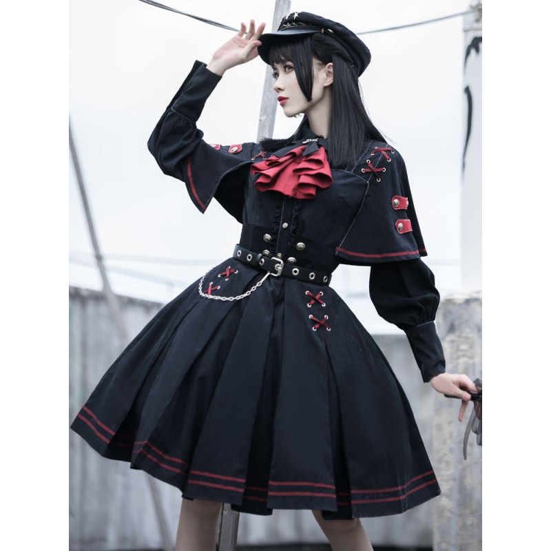 Lolita OP Dress Military Style 4 Pieces Set Academic Lolita Outfits Black Long Sleeves Military Lolita Sets Gothic Tea Party